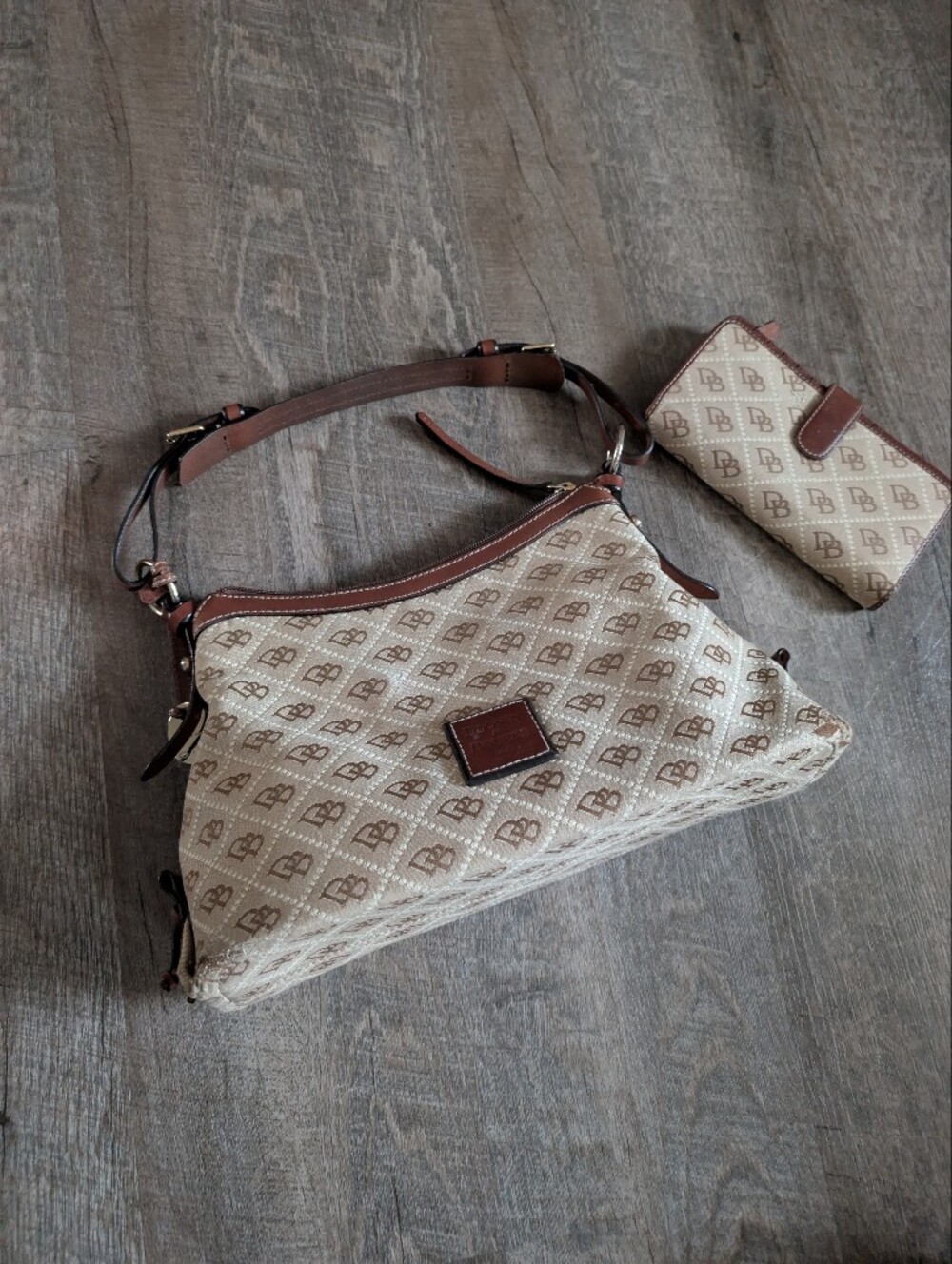 Dooney & Bourke Beige DB Monogram Hobo Bag with Wallet